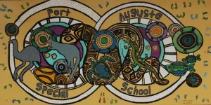 Colorful mural representing Port Augusta Special School with animals.