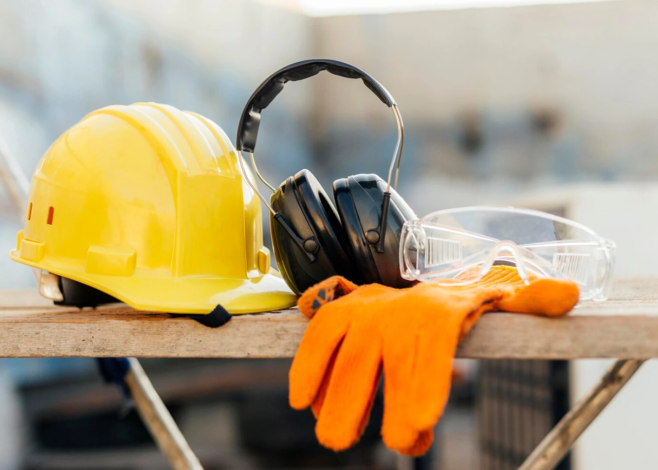 Construction safety gear including a helmet, goggles, and gloves.