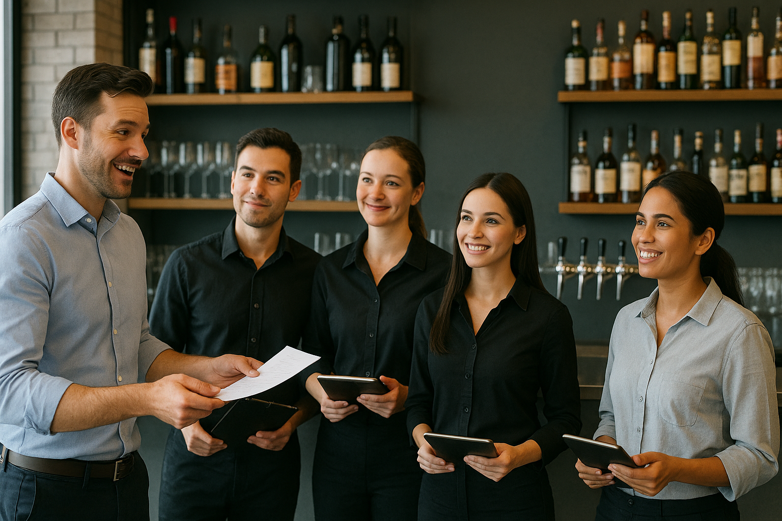 A manager briefs four smiling waitstaff with tablets in hand.