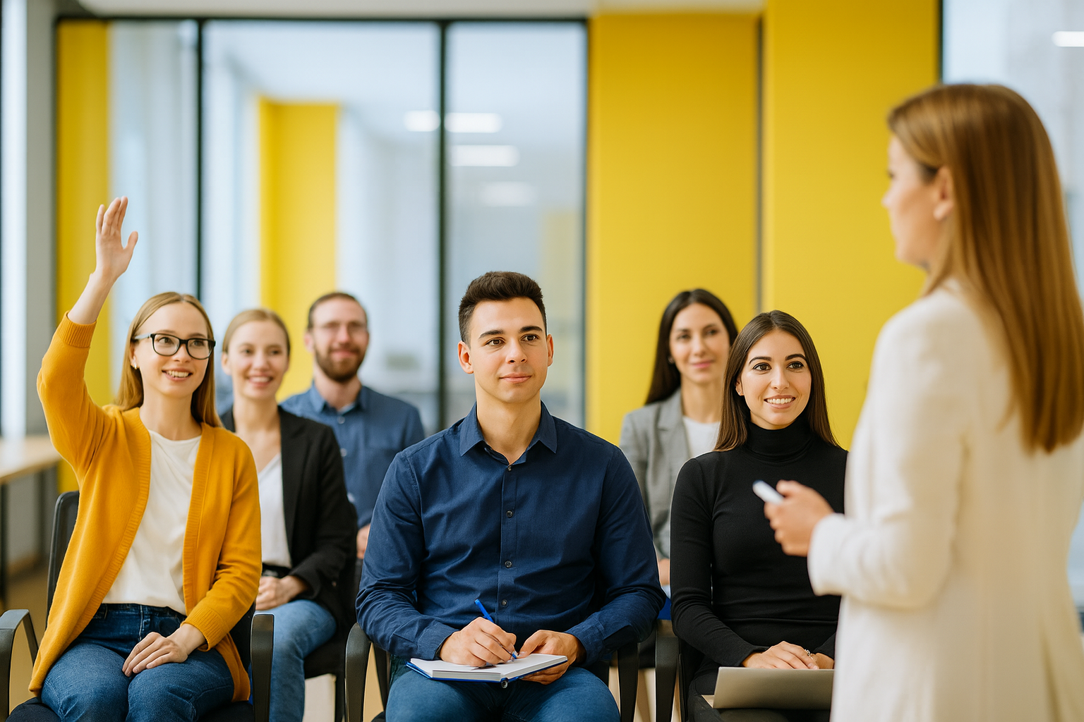 Audience engaged in a presentation, with one person raising a hand.