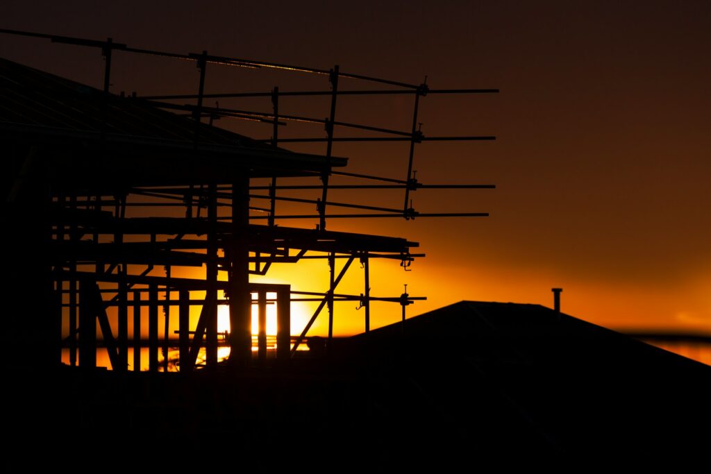 Australian residential construction site illustrating scaffold access, site layout and planning conditions.