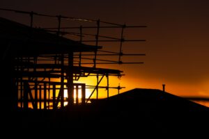 Australian residential construction site illustrating scaffold access, site layout and planning conditions.