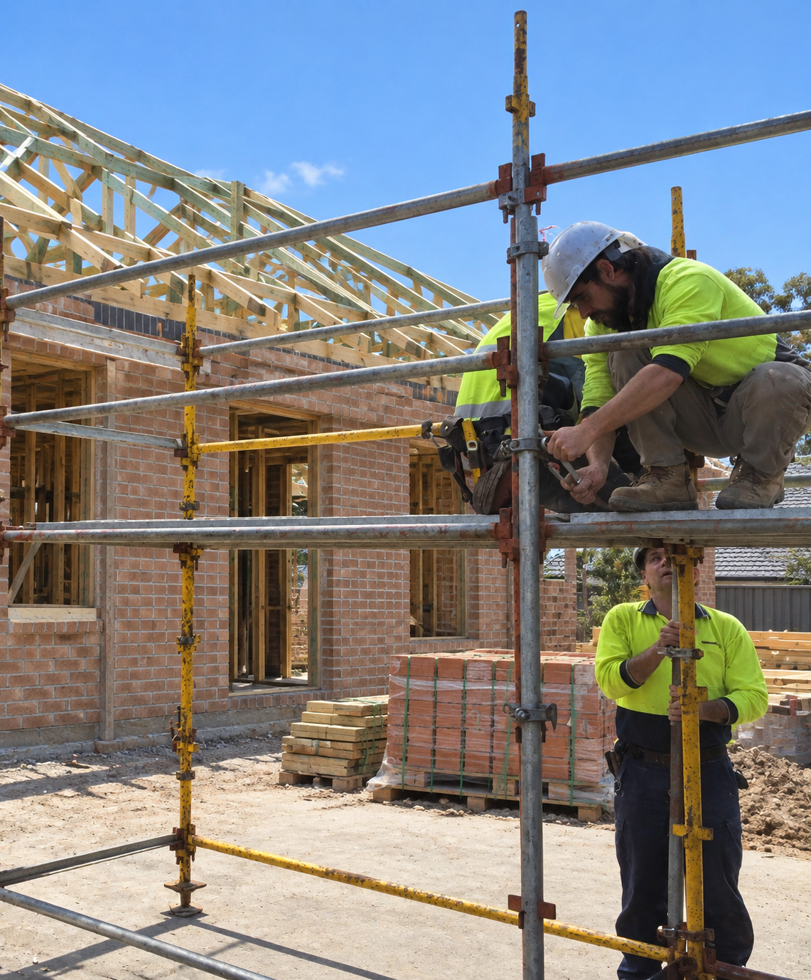 Workers assembling scaffolding with a digitally replaced housing construction background.