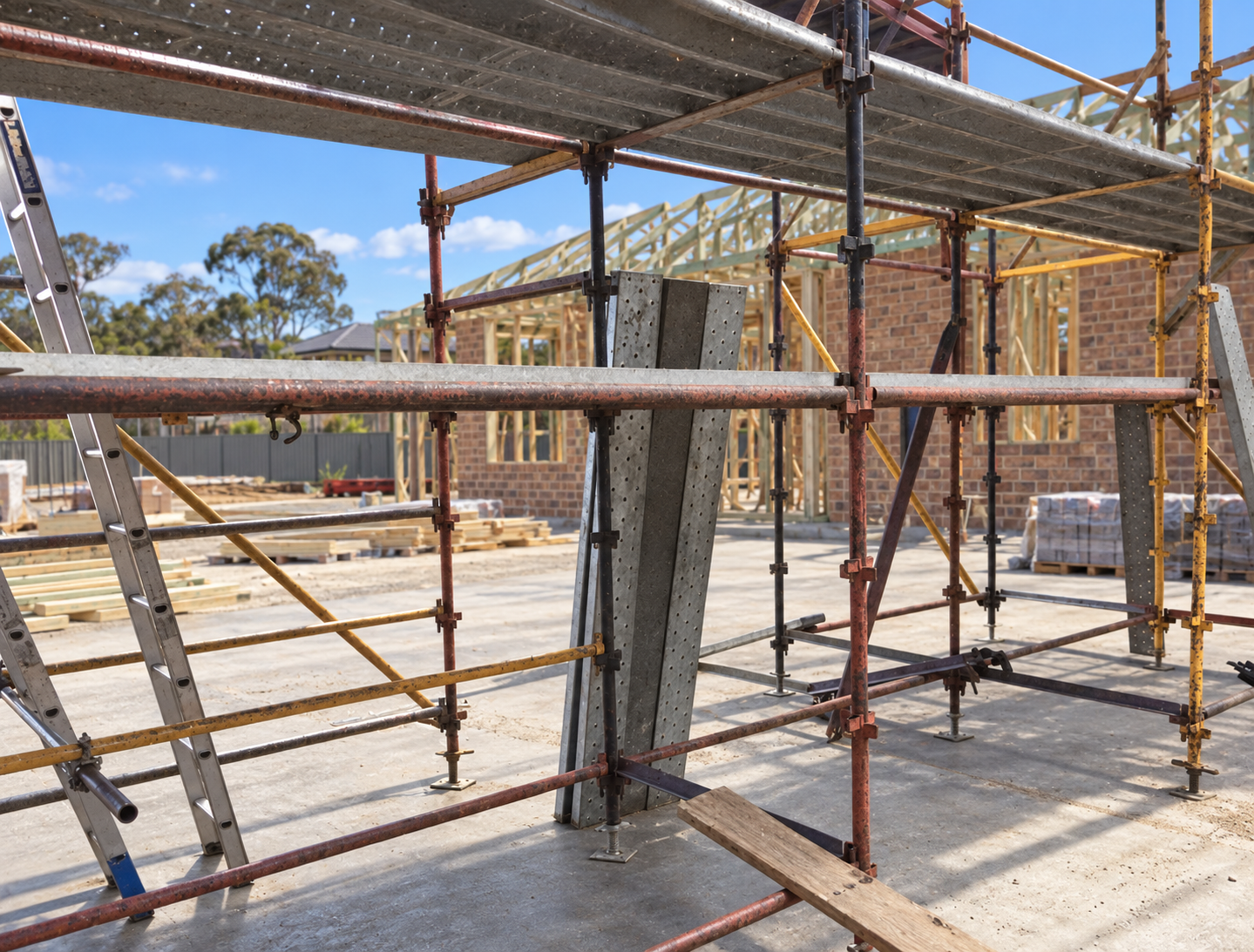 Wedge-style modular scaffold connection and working platform.