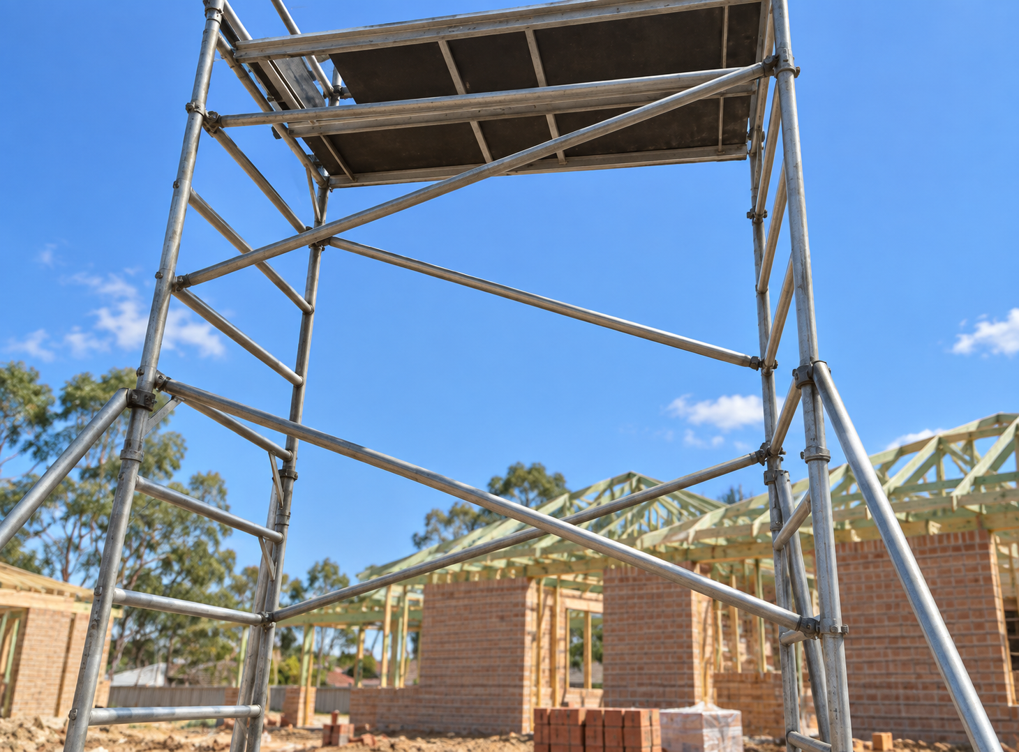 Scaffold showing standards, ledgers and diagonal bracing on a construction site.