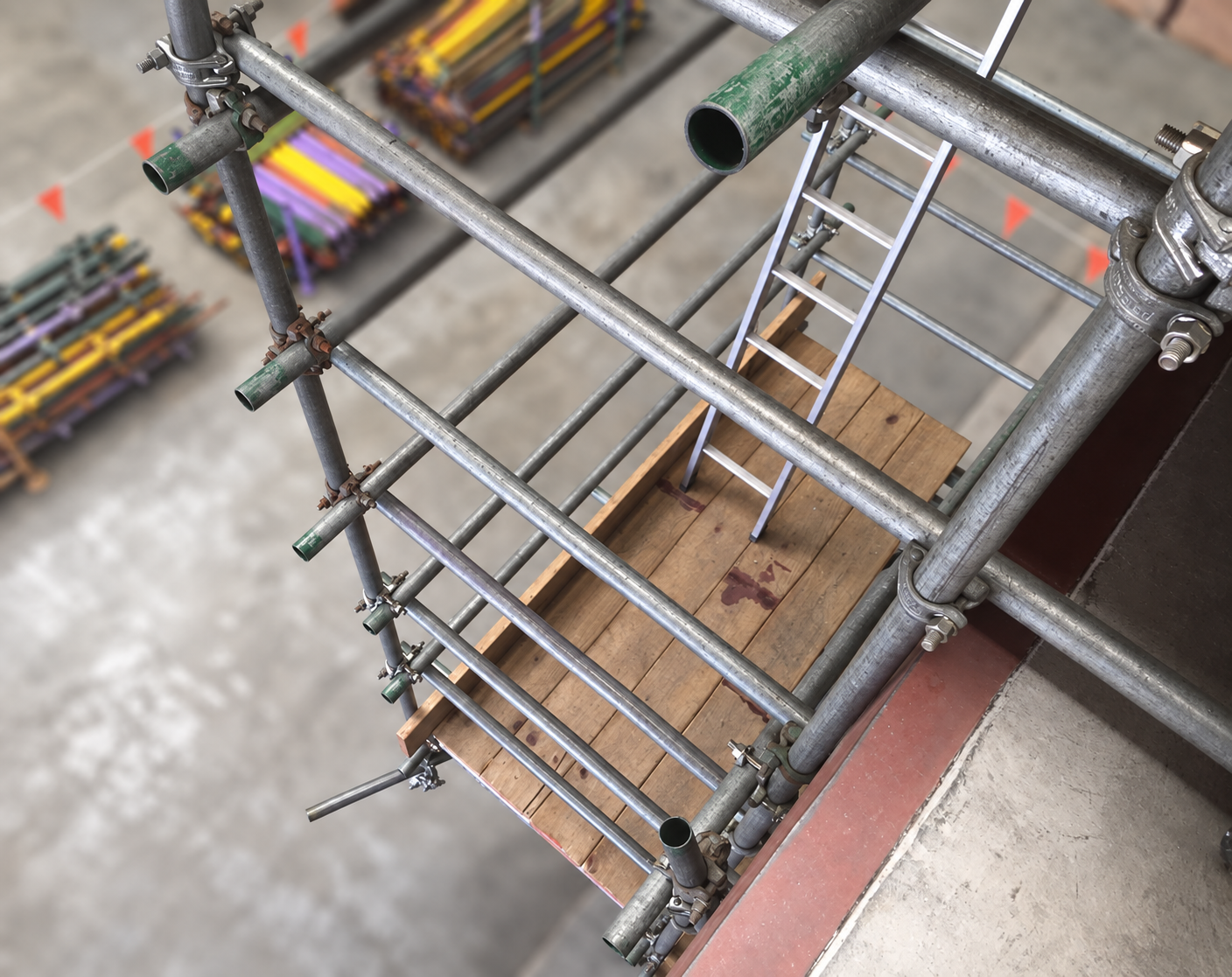 Tube and fitting scaffold showing scaffold tubes and couplers.