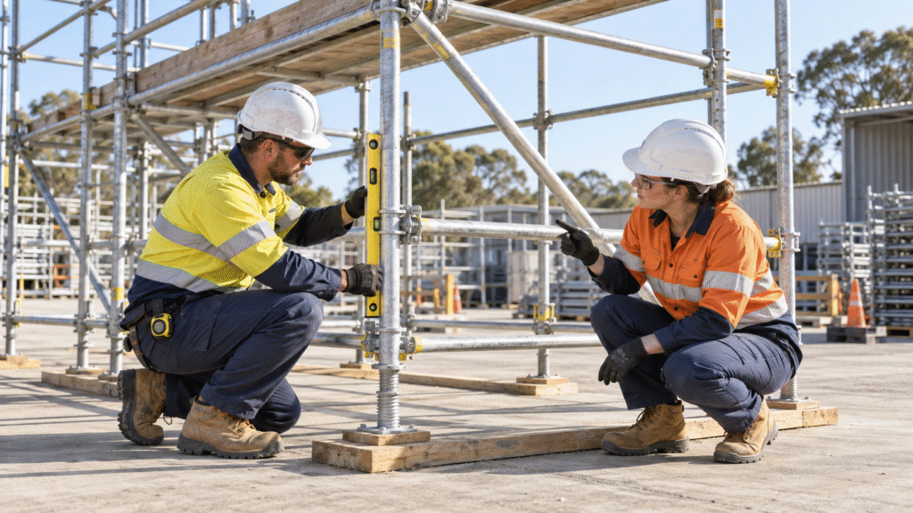 Basic scaffolder and instructor checking the level and foundation of the first scaffold bay