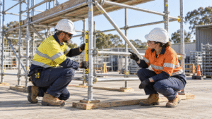 Basic scaffolder and instructor checking the level and foundation of the first scaffold bay