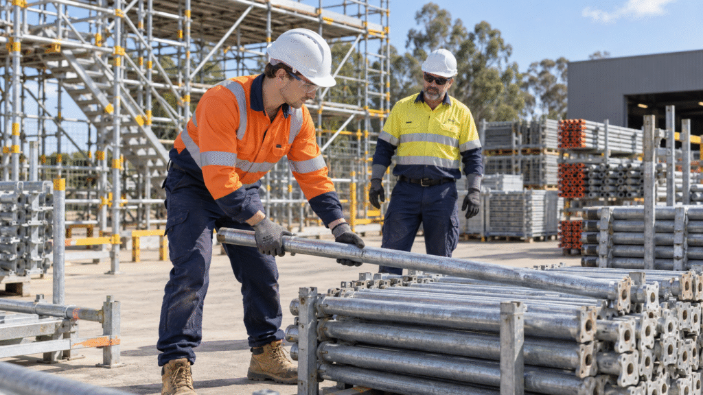 Scaffold ground labourer organising components during supervised practical training