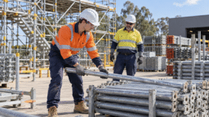 Scaffold ground labourer organising components during supervised practical training